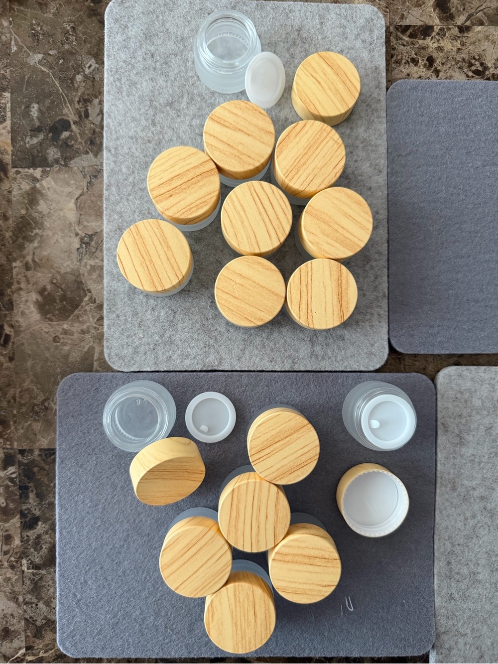 Set of 17- 50 ml Small Glass Jars with Wood-Grain Lids - Natural Wood